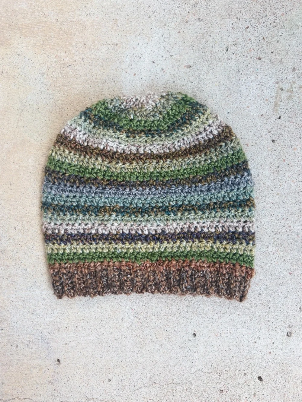 Handmade Crocheted Striped Beanie in Green, Brown, and Grey
